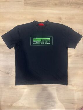 Men’s Medium HUGO Boss Black Tee with Neon Green Matrix Graphic print Tshirt